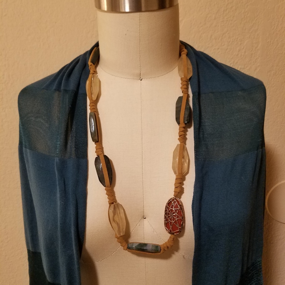 Lucky Brand- Genuine Agate, Quartz & Leather rough faceted necklace